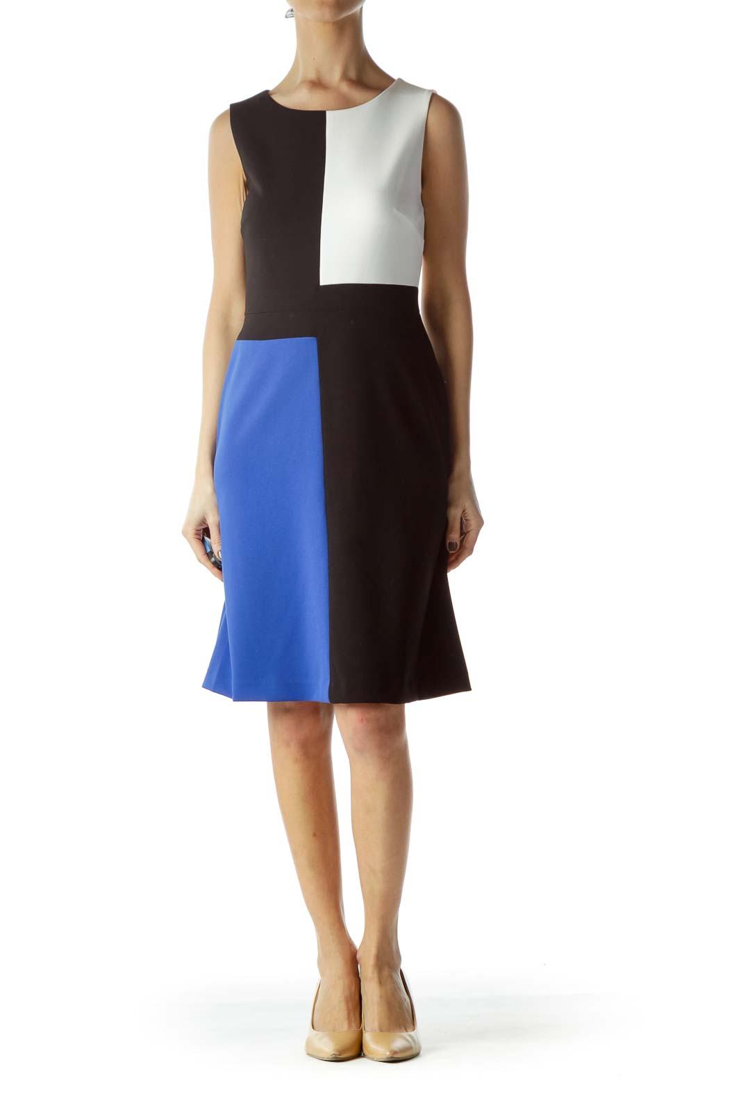 blue and black color block dress