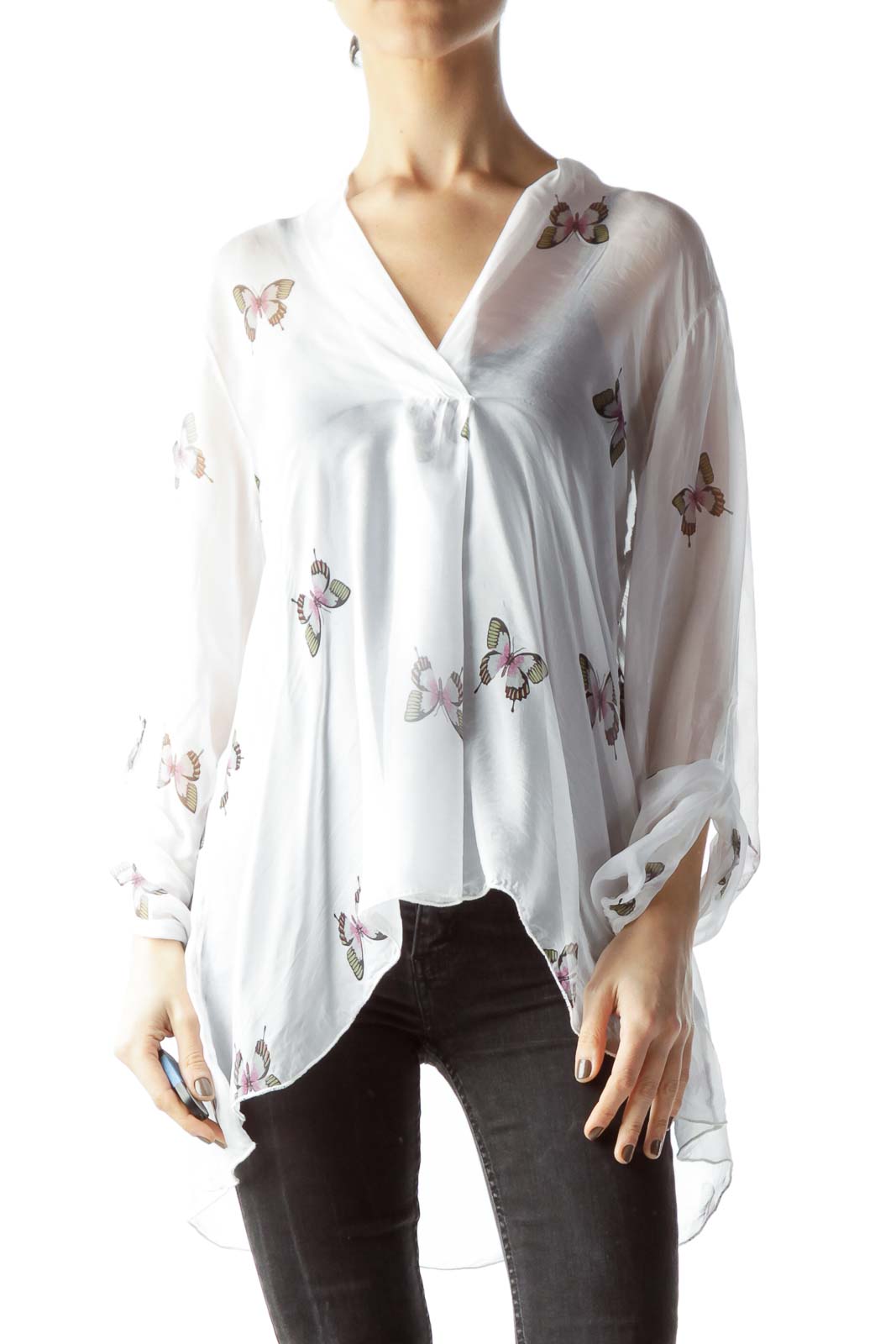 White Butterflies Print Sheer See-Though Flared Shirt Front