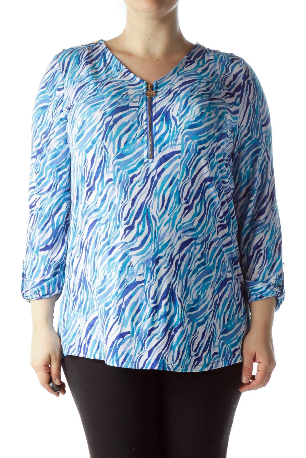 Blue White Print Gold Zippered Stretch Top Front
