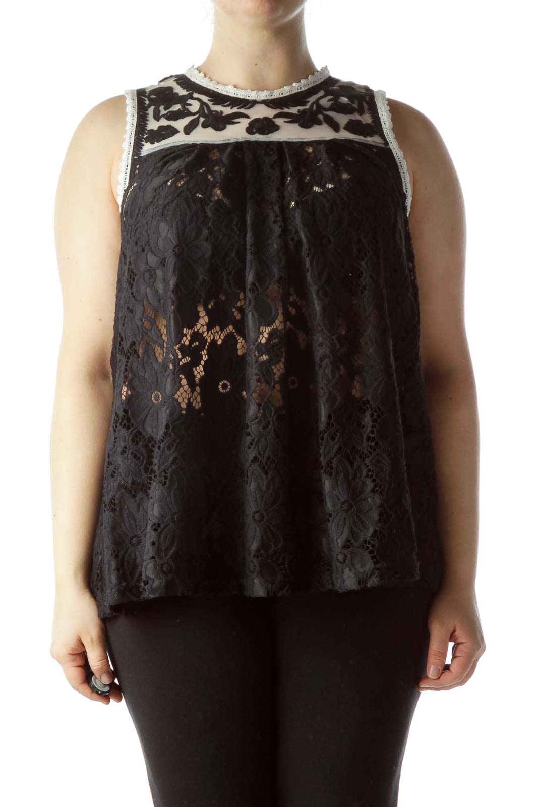 Black Cream Floral Flared Sleeveless Knit Top Front