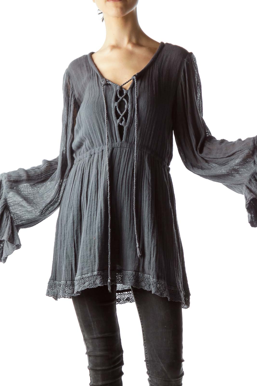 Gray Front Drawstring Long-Sleeve 100% Cotton Knit Top Front