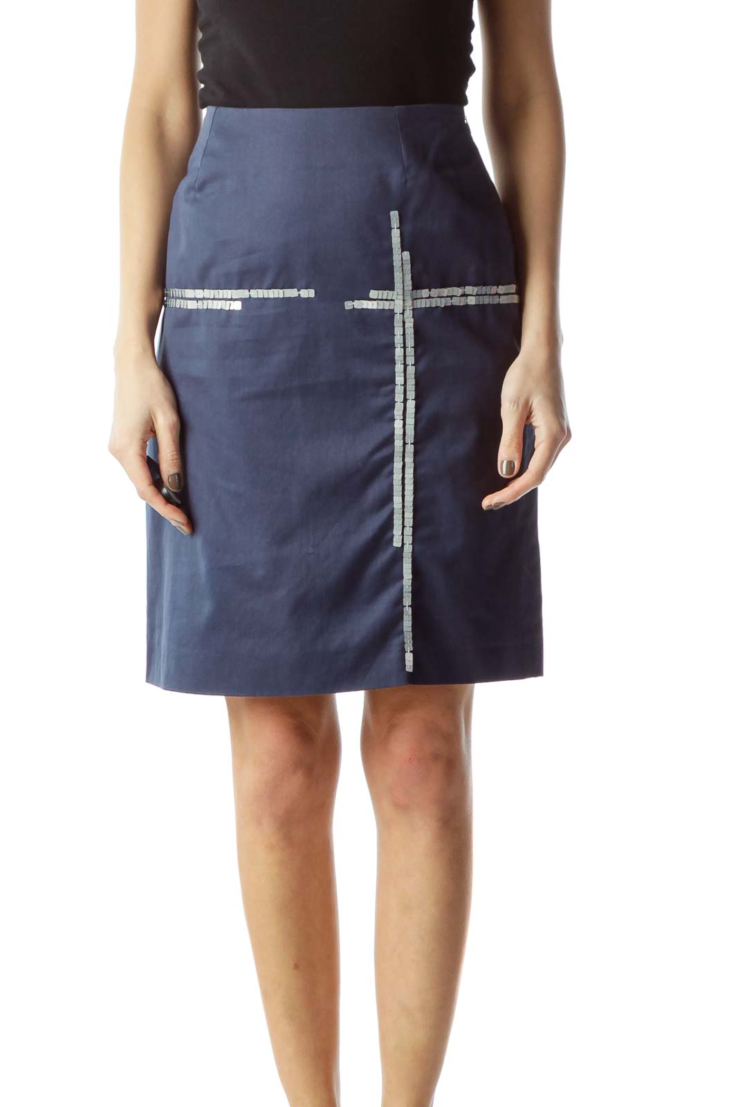 Blue Front Sequin Design A-Line Skirt Front