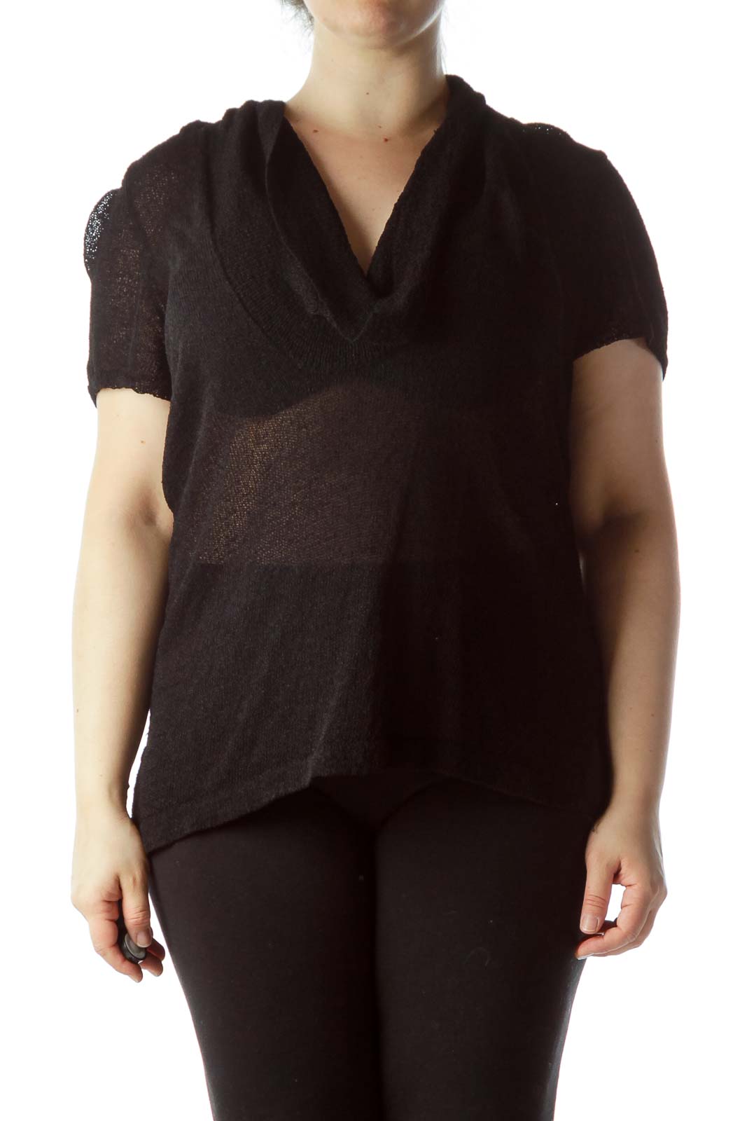 Black Knit See Through Cowl Neck Flared Top Front
