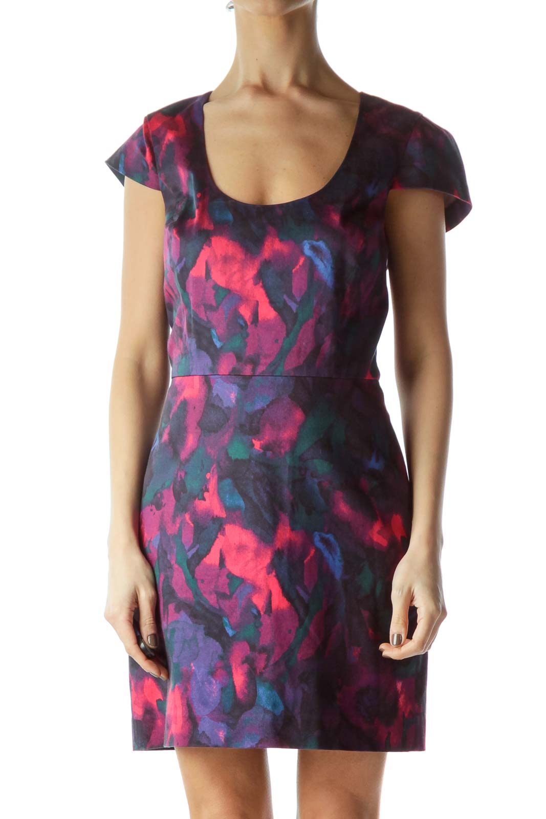 Multicolored Print Cap Sleeves Work Dress Front