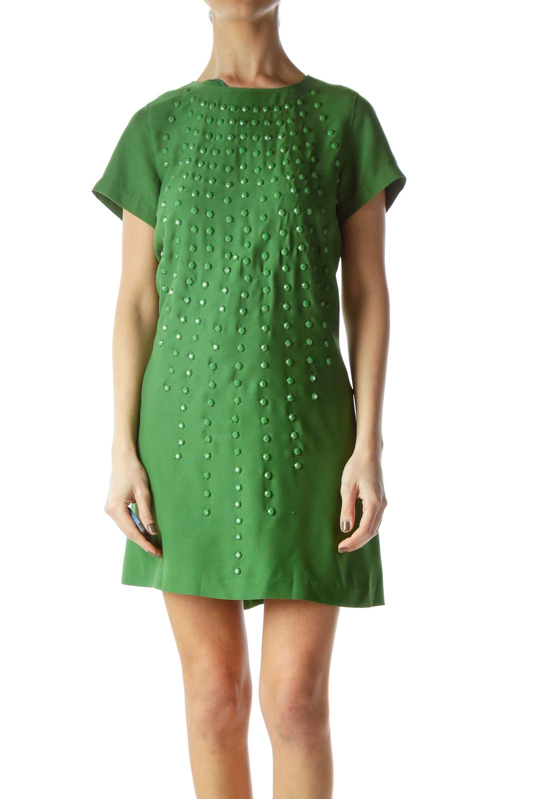 Green Studded Short Sleeve Dress Front