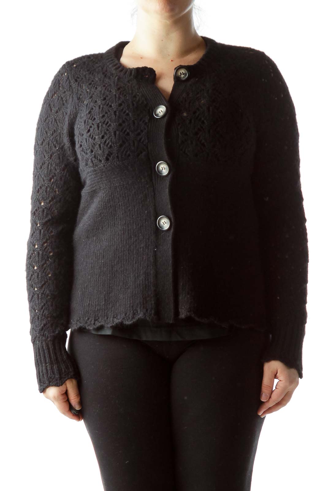 Black Knitted Long Sleeve Buttoned Soft Sweater Front