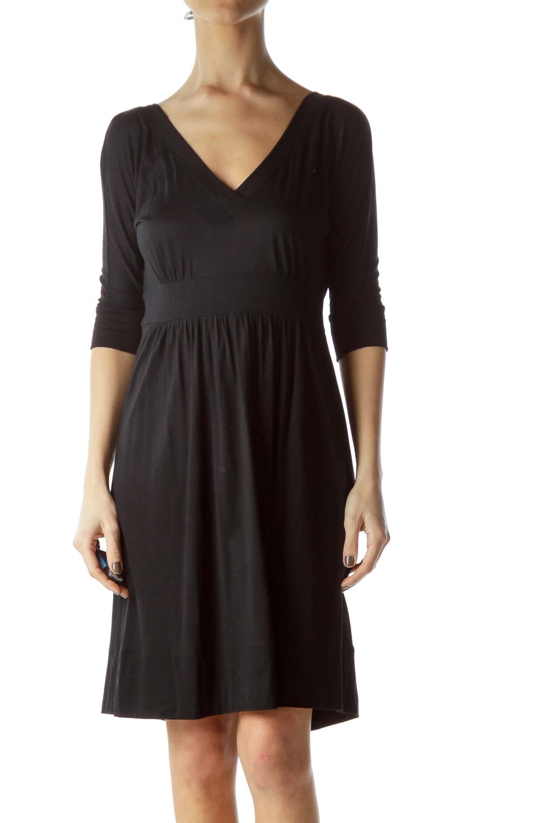 Black V-Neck Jersey-Knit 3/4 Sleeve Day Dress Front