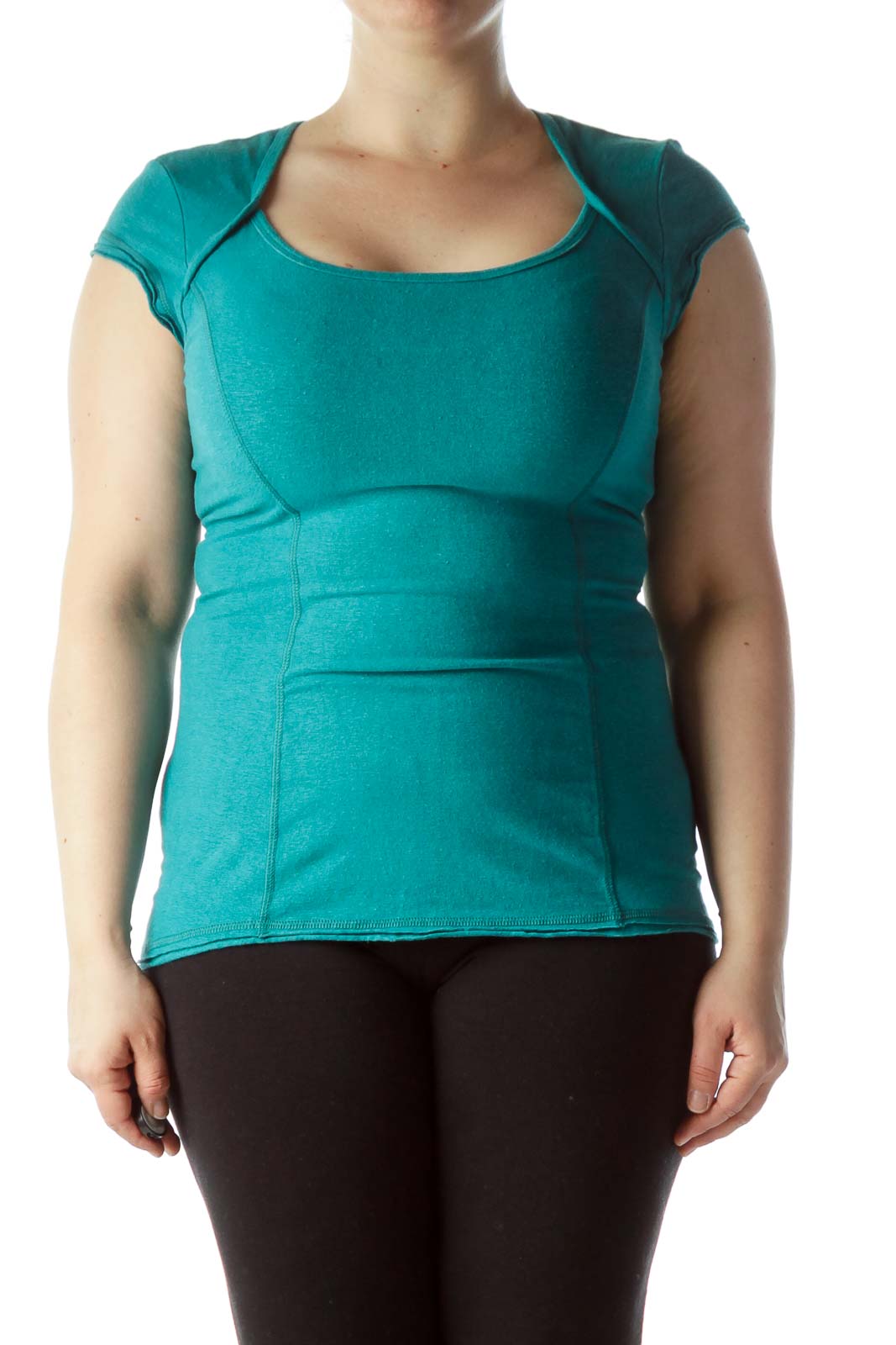 Teal Blue Short Sleeve Back Cut-Out Sports Top Front