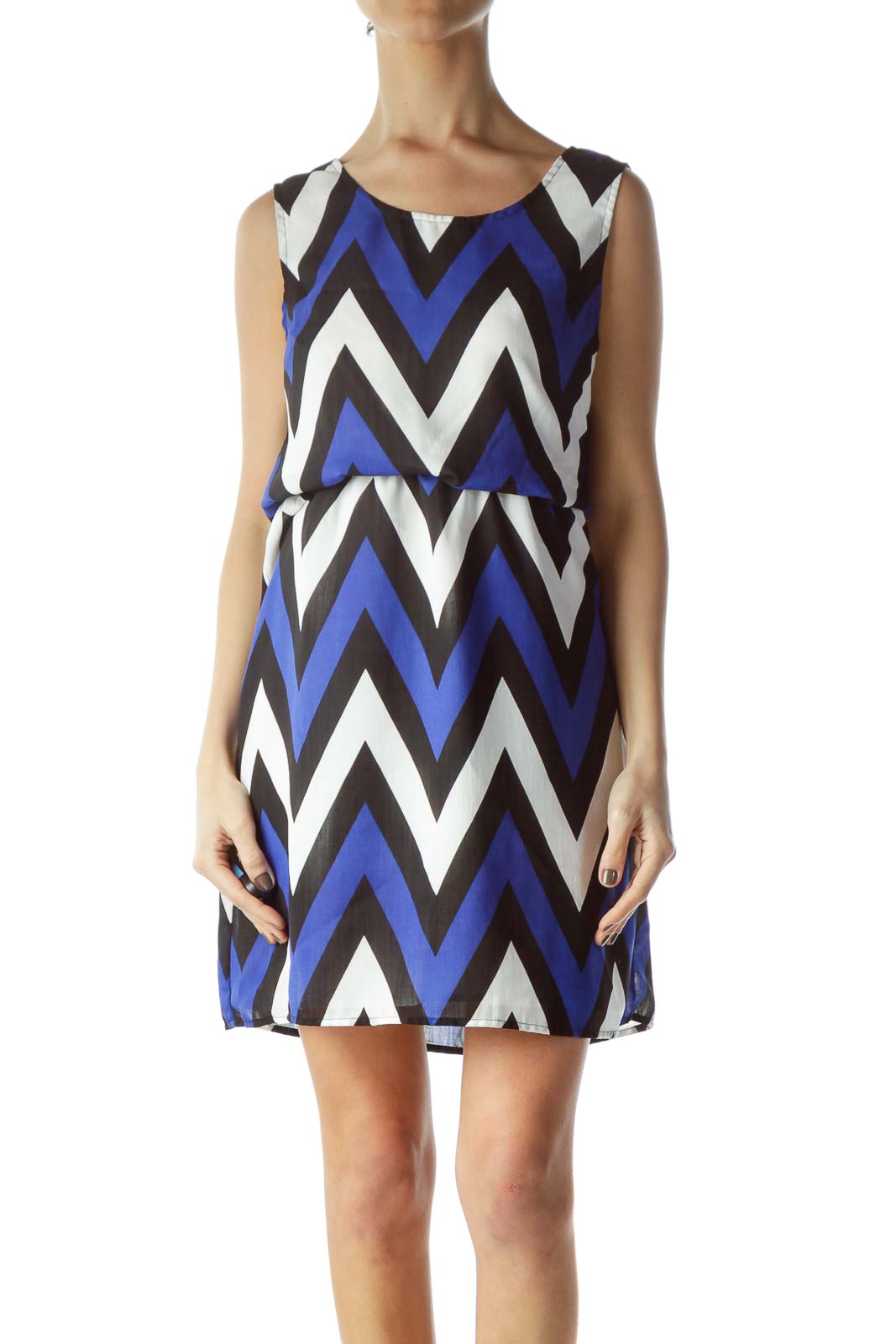Black Blue White Geometric Print Sleeveless Day Dress Front