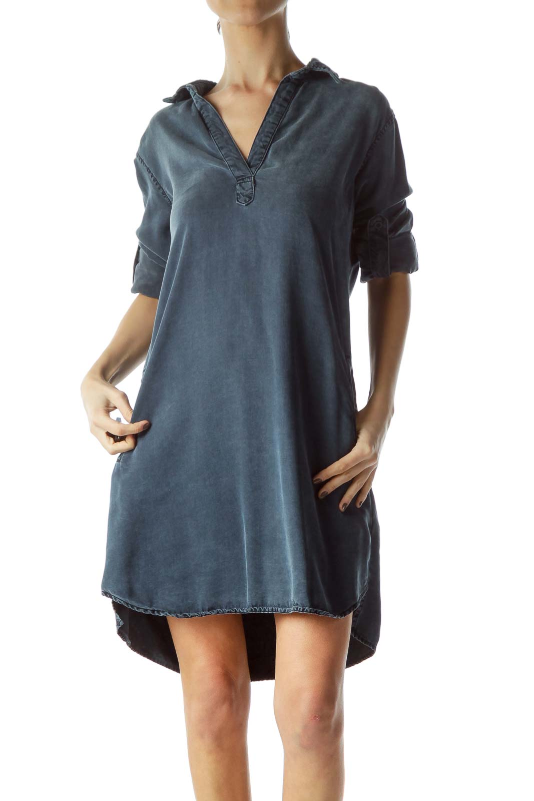 Blue Medium-Wash Rolled-Up Sleeves Denim Dress Front