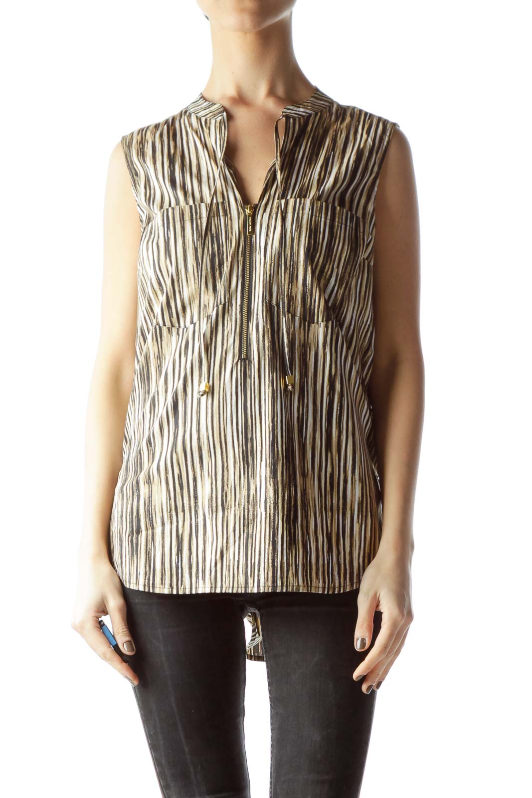 Black and Gold Sleeveless Blouse Front