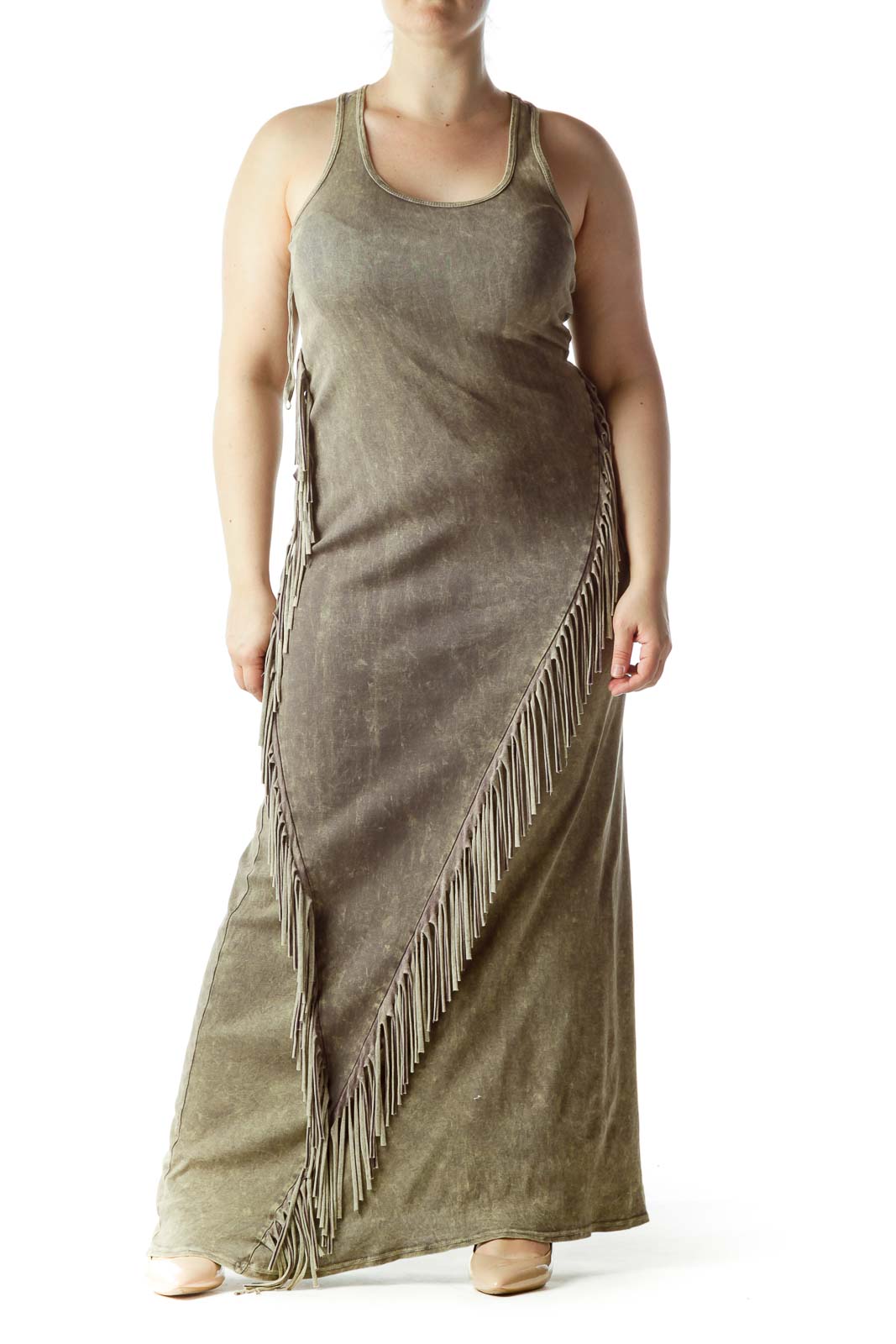 Military Gray and Green Fringe Maxi Dress Front