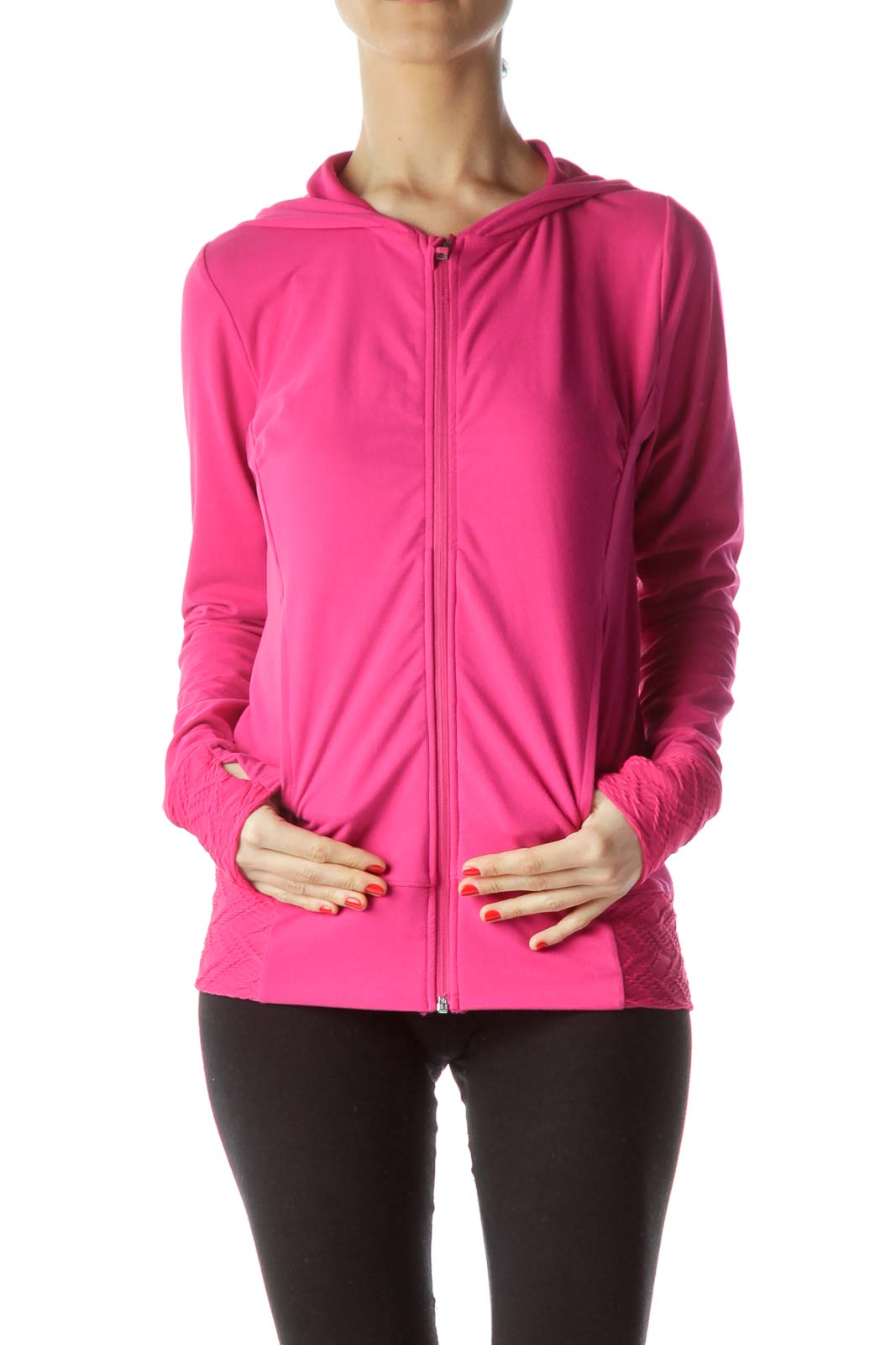 Magenta Pink Hooded Zippered Thumbhole Sports Jacket Front