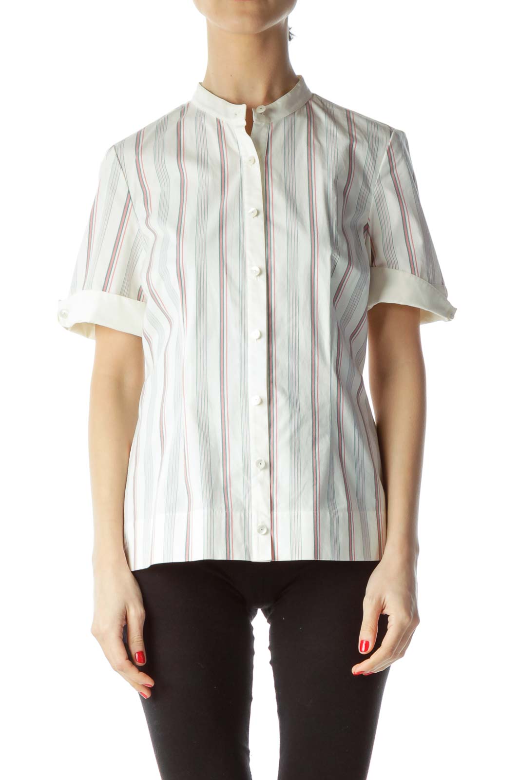 Cream Pink Green Striped Short Sleeve Shirt Front