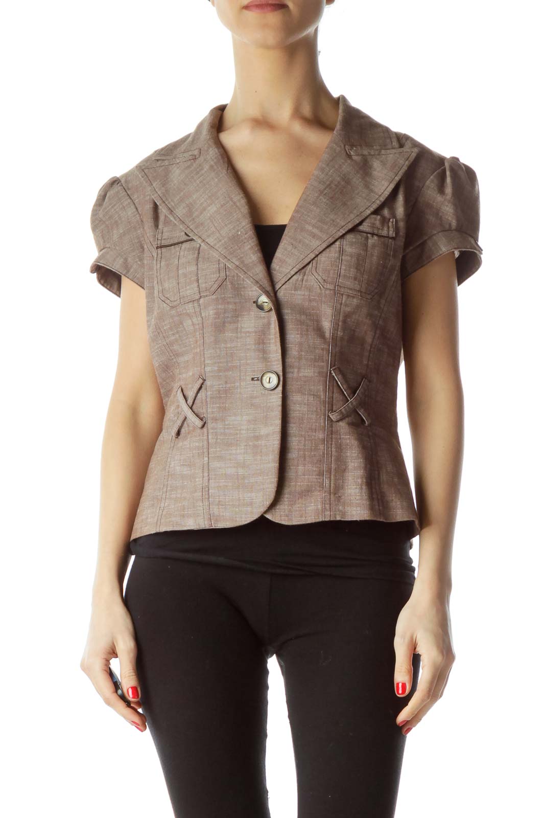 Brown Textured Short Sleeve Collared Pocketed Blazer Front
