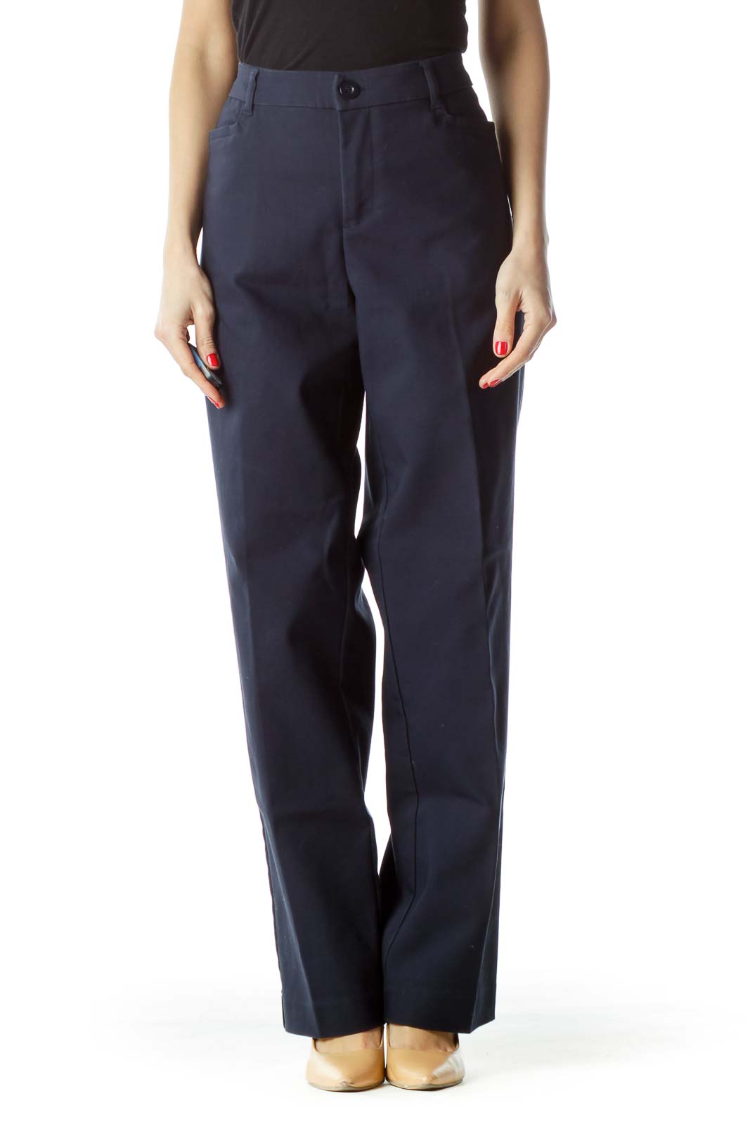 Navy Blue Pocketed Straight Leg Pants Front