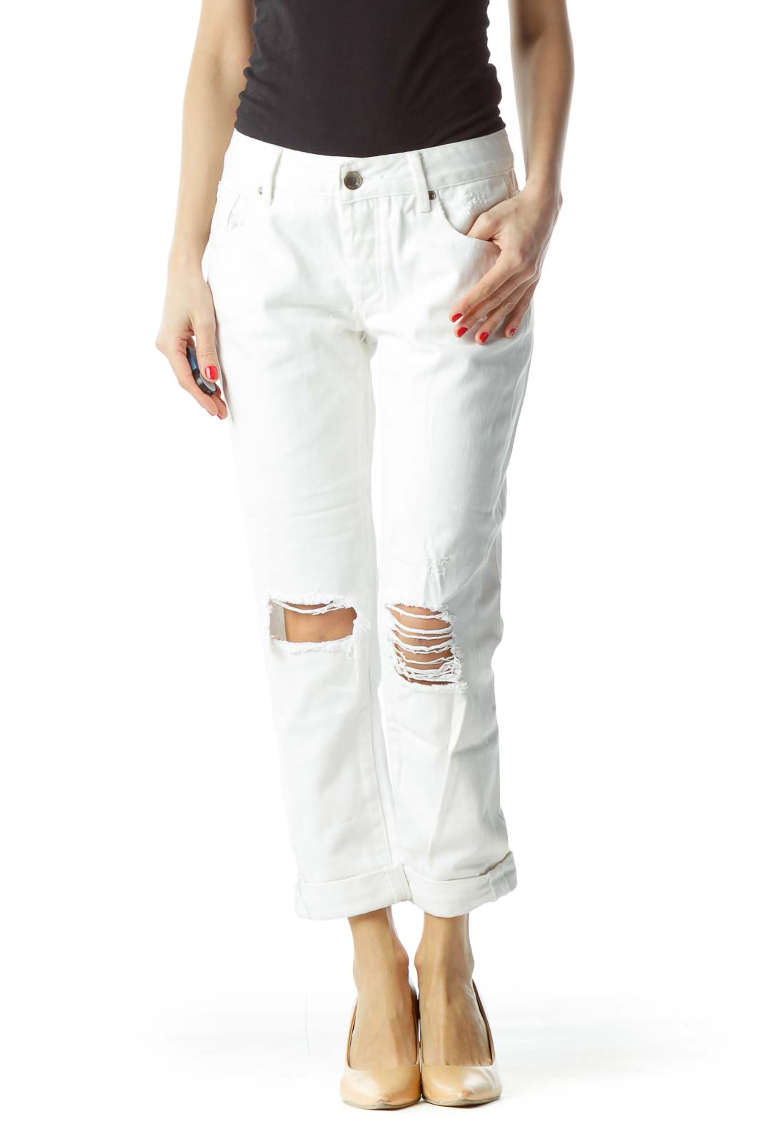 White Distressed 100% Cotton Buttoned Denim Jeans Front