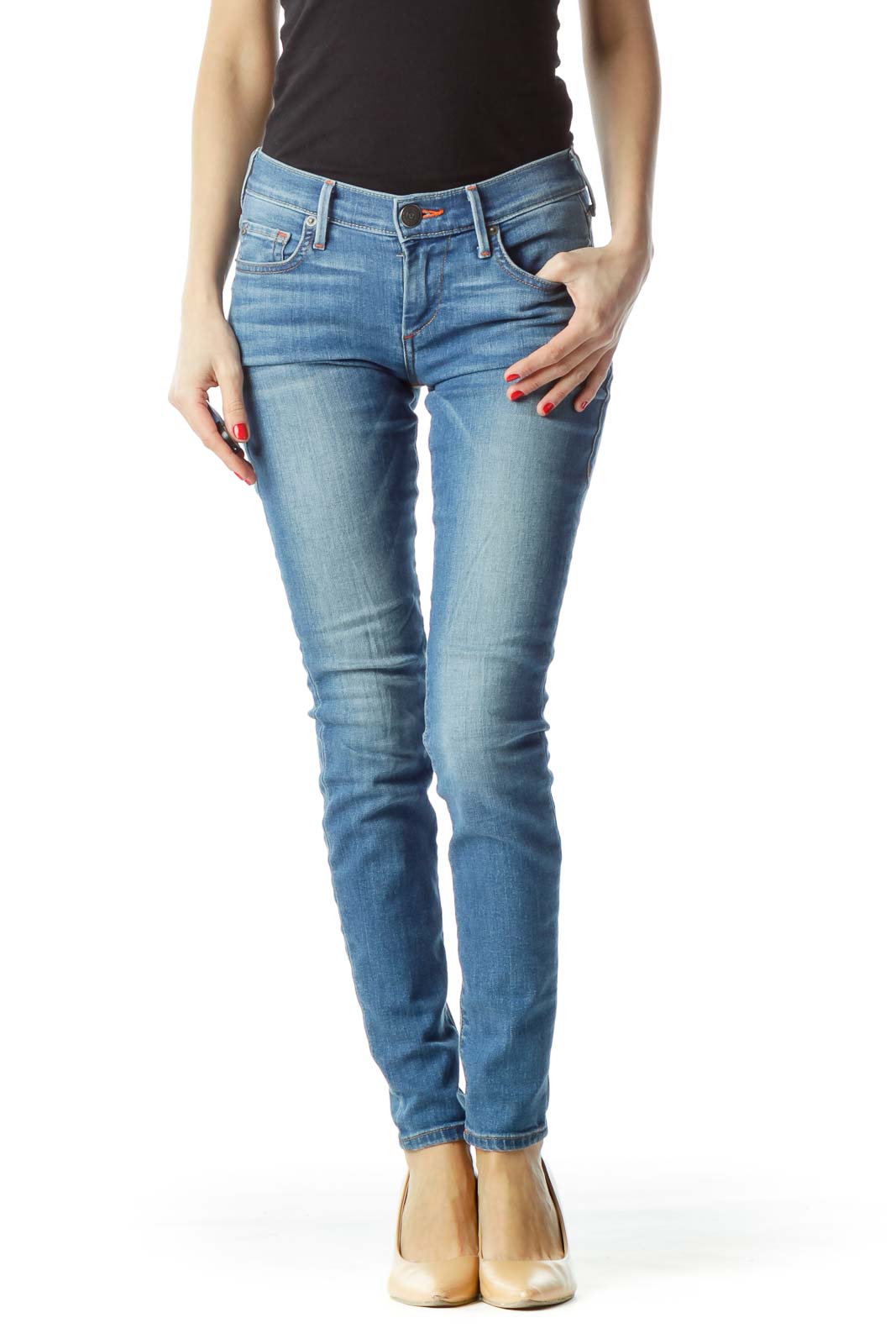 Blue Medium-Wash Skinny Denim Jeans Front