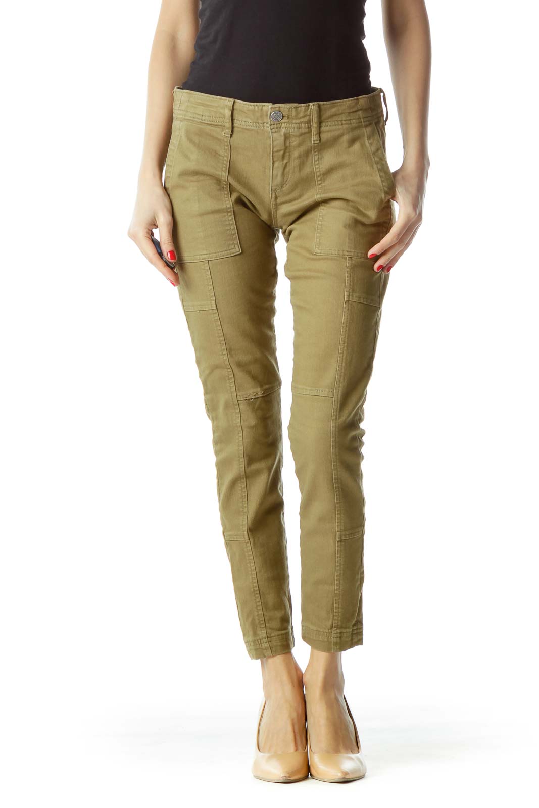 Olive Green Skinny Pocketed Denim Pants Front