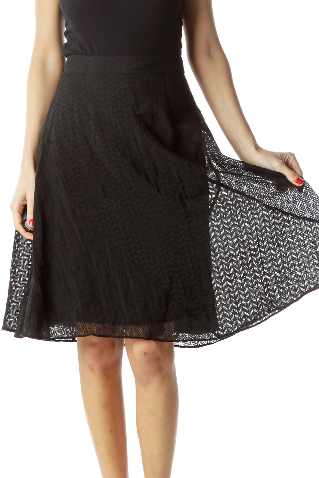 Black Jacquard Geometric Textured Flared Skirt Front