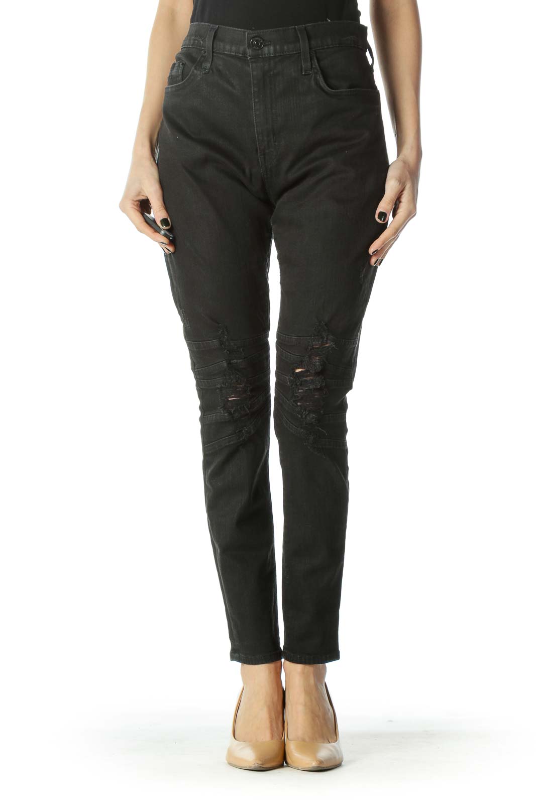 Black Distressed Textured Stretch Skinny Jeans Front
