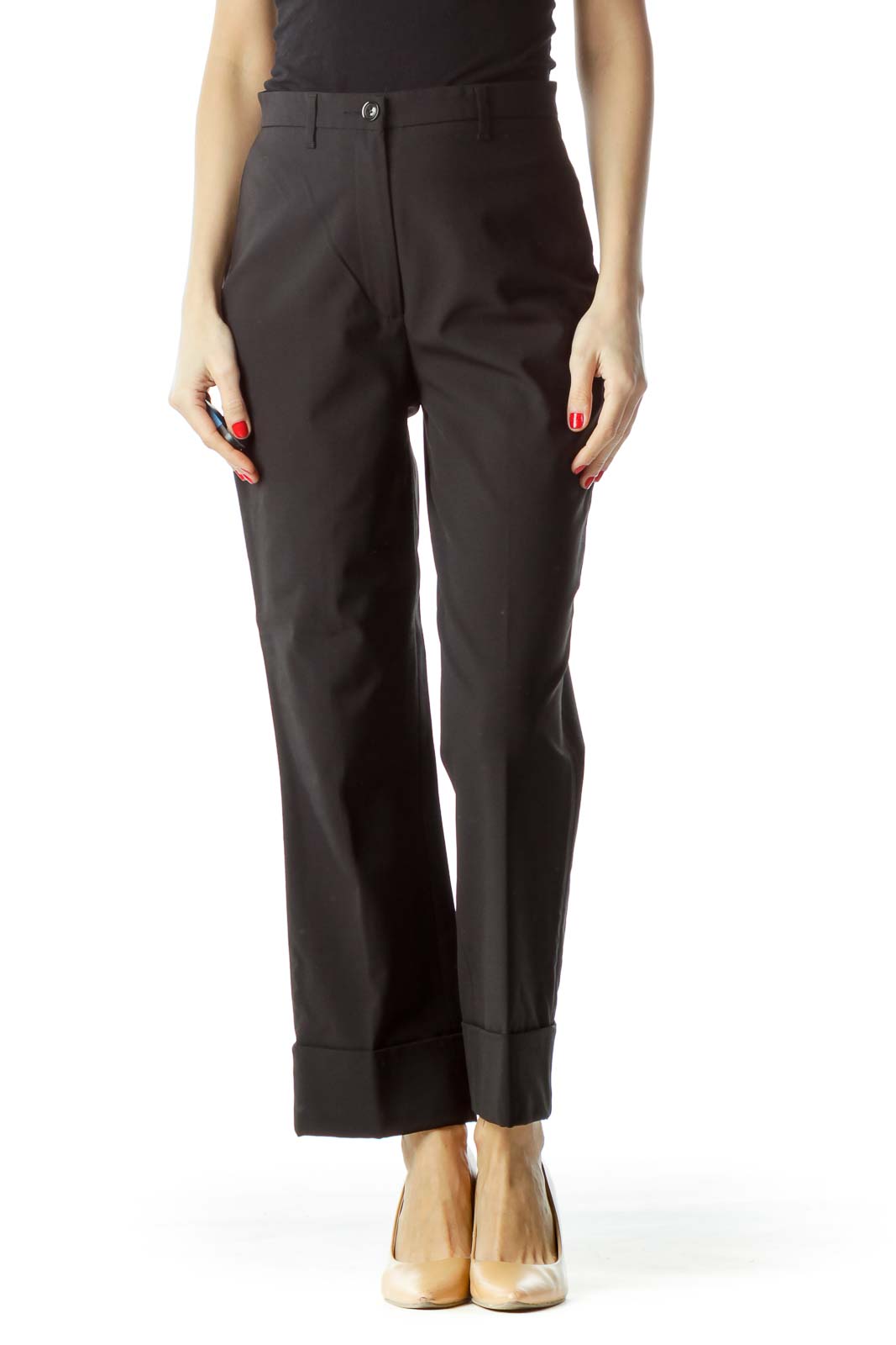 Black High-Waisted Rolled-Up Legs Pants Front