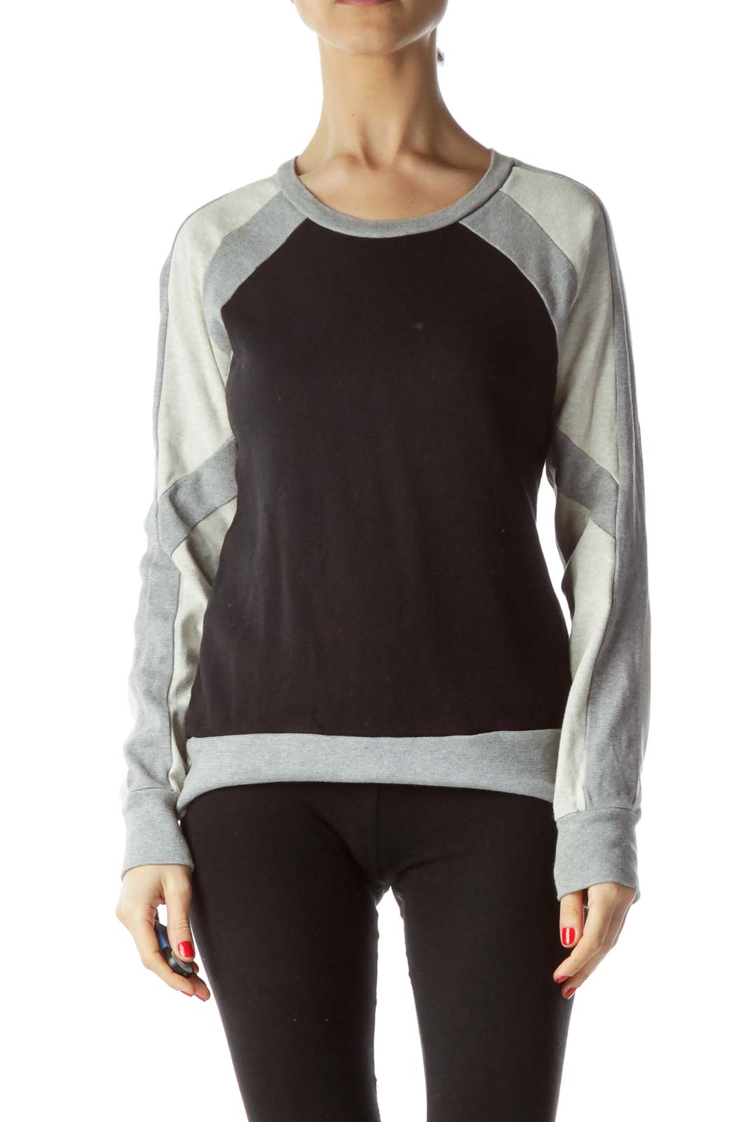 Black Gray Color Block 100% Cotton Long Sleeve Knit Top Front