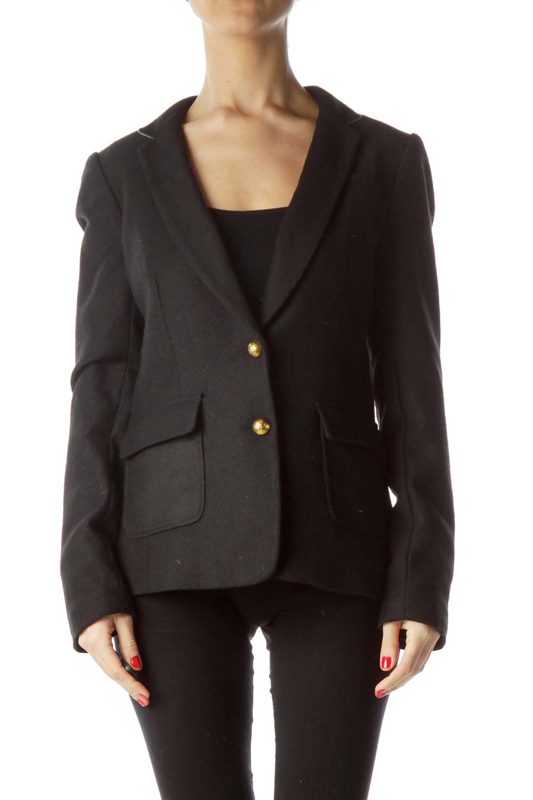 Black Buttoned Collared Pocketed Knit Blazer Front