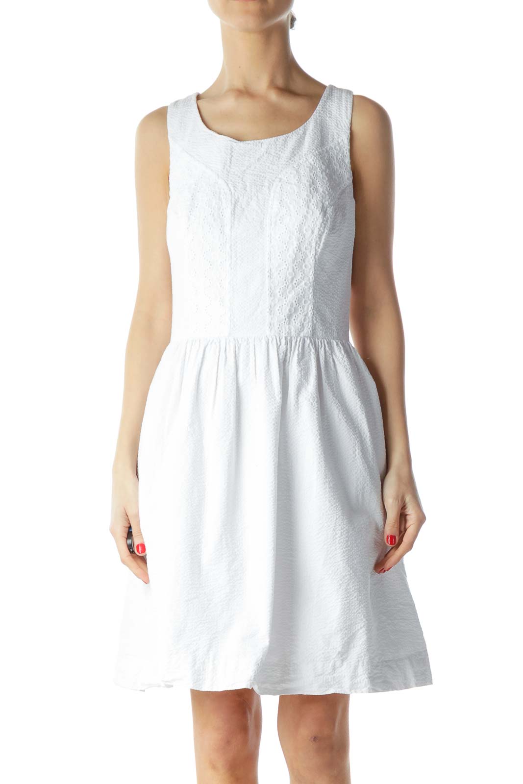 White Knit Textured 100% Cotton A-Line Dress Front