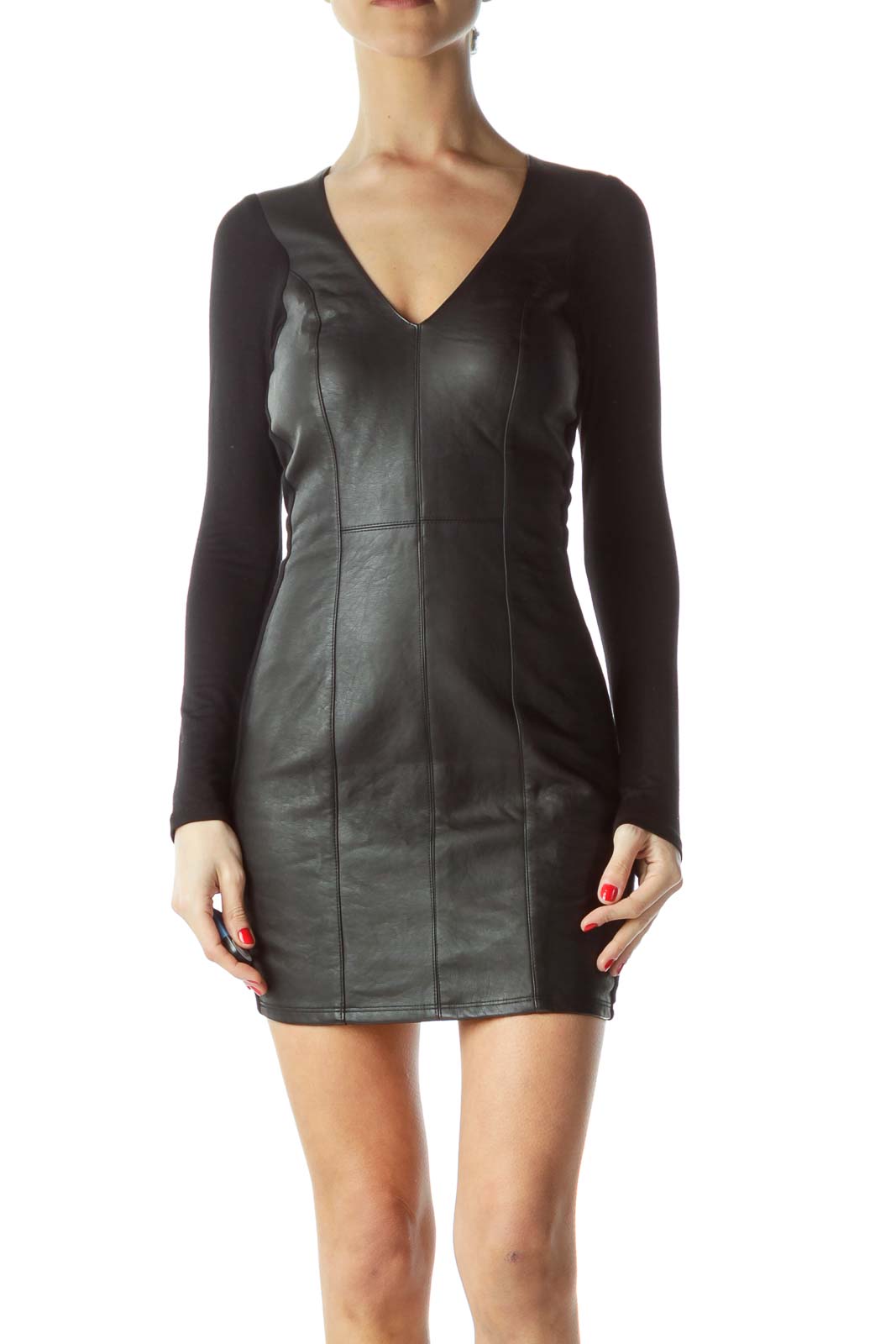 Black Mixed Media Faux-Leather Front Long Sleeve Dress Front