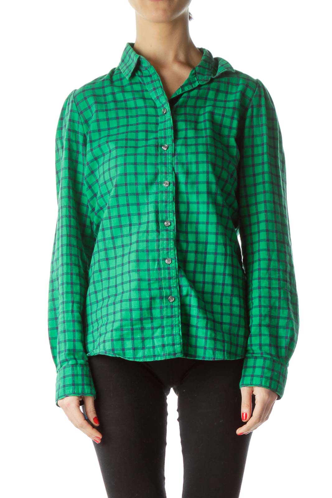 Black Green Plaid Buttoned 100% Cotton Shirt Front