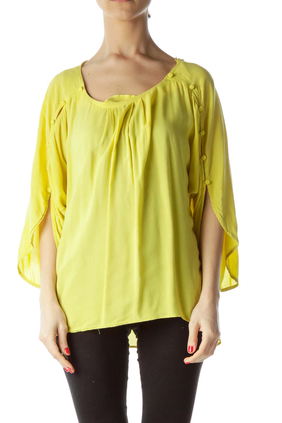 Yellow High-Low Long Sleeve Buttoned Flared Blouse Front