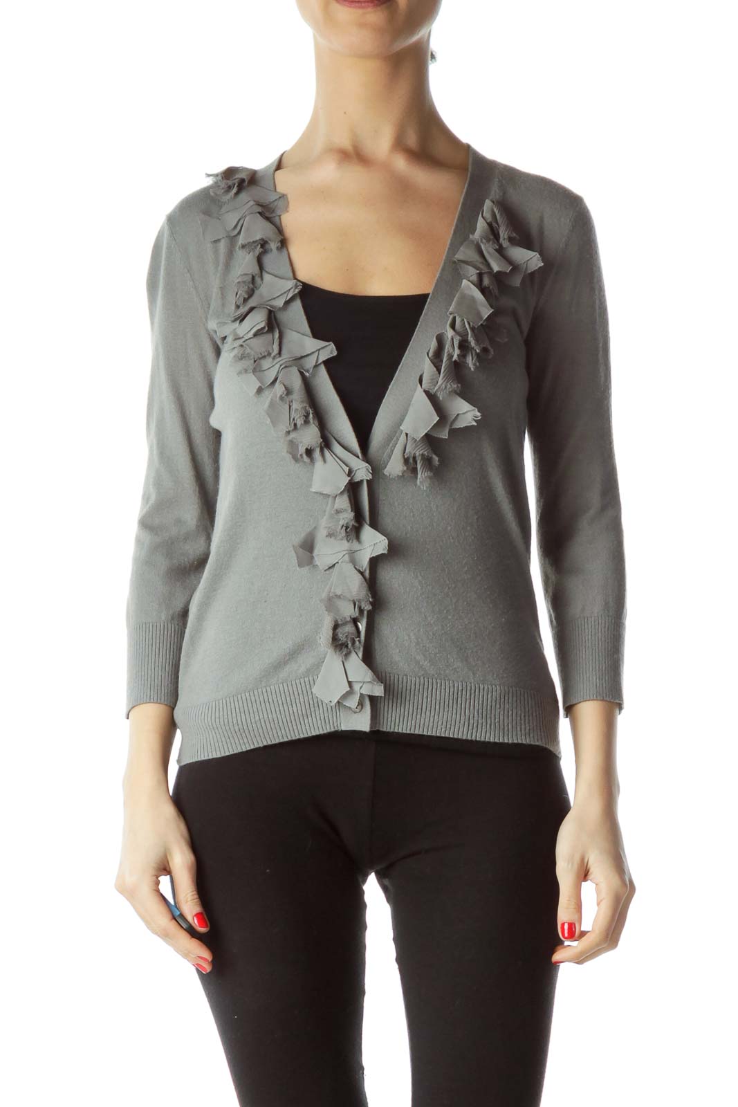 Gray Deep Ruffed V-Neck Buttoned Sweater Front