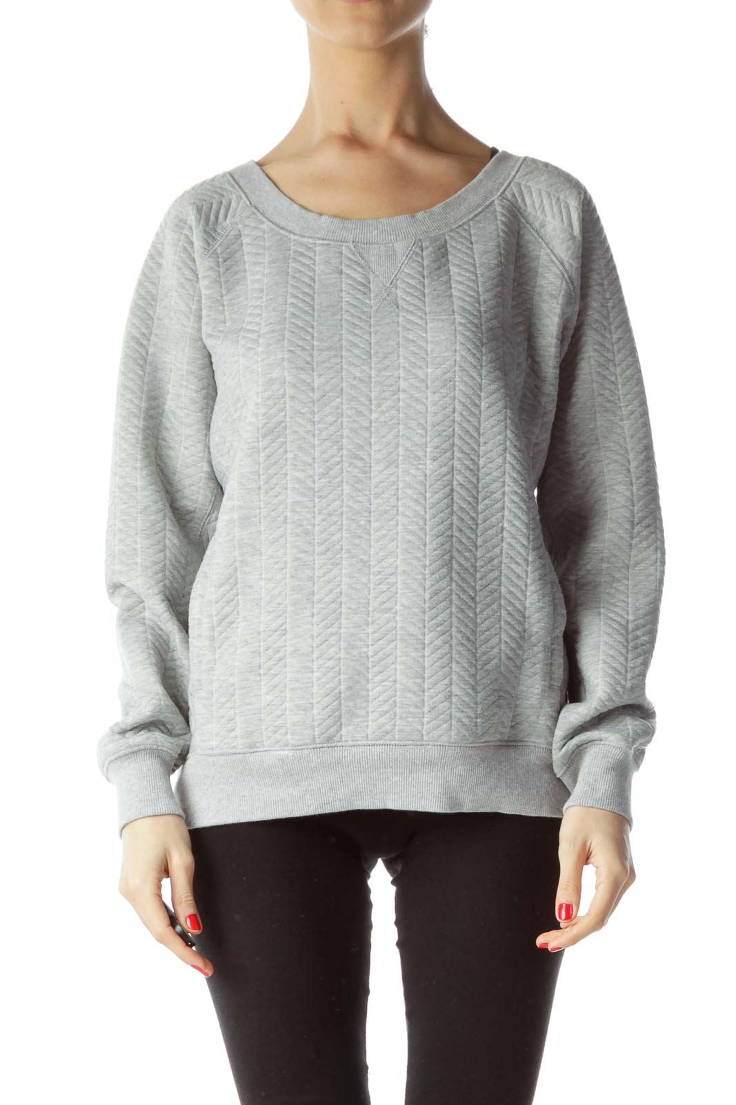 Gray Textured Pocketed Long-Sleeve Sweatshirt Front
