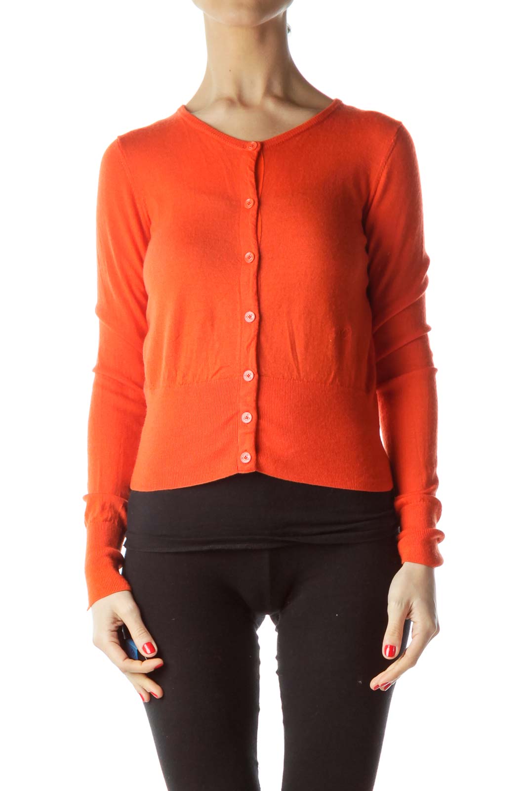 Orange Buttoned Long Sleeve 100% Merino Wool Sweater Front
