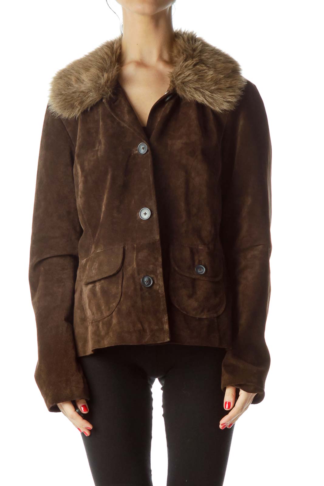 Brown Faux-Fur Collar Buttoned Leather Jacket Front