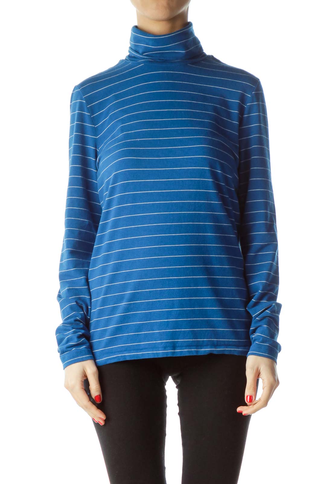 Blue White Striped Long-Sleeve Jersey-Knit Top Front