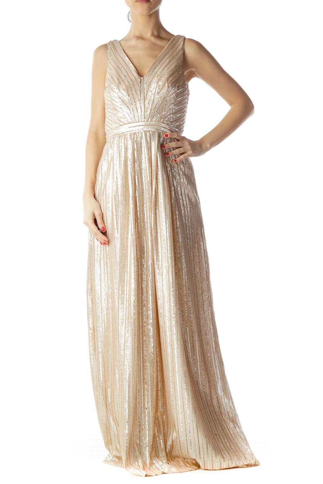 Rose Gold Sequined Body V-Neck Evening Dress Front