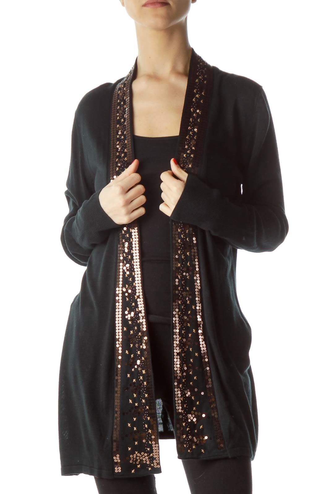 Black Brown Sequin Detail Open Long Sleeve Knit Cardigan Front