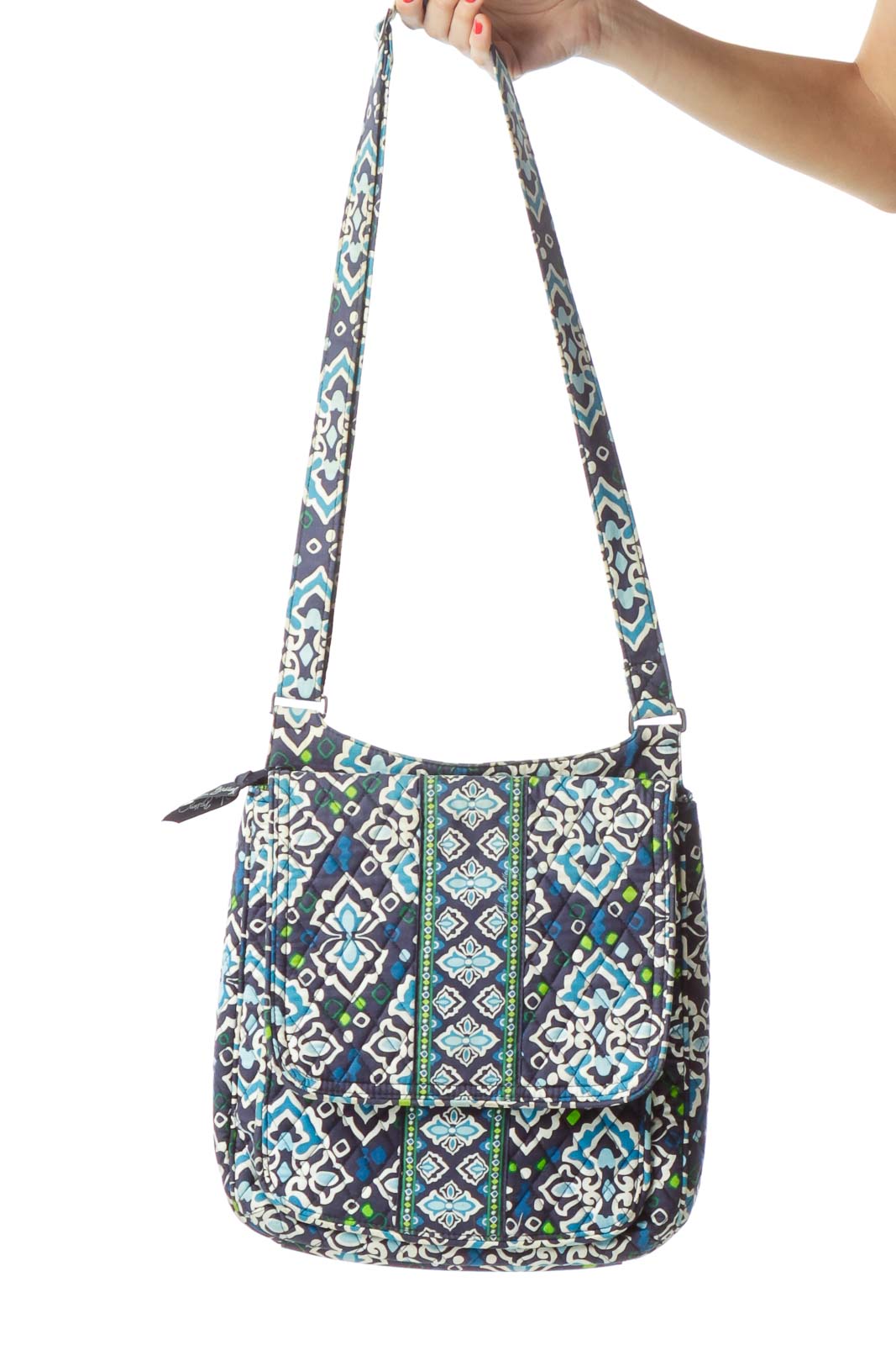 Blue White Green Print Quilted Crossbody Bag Front