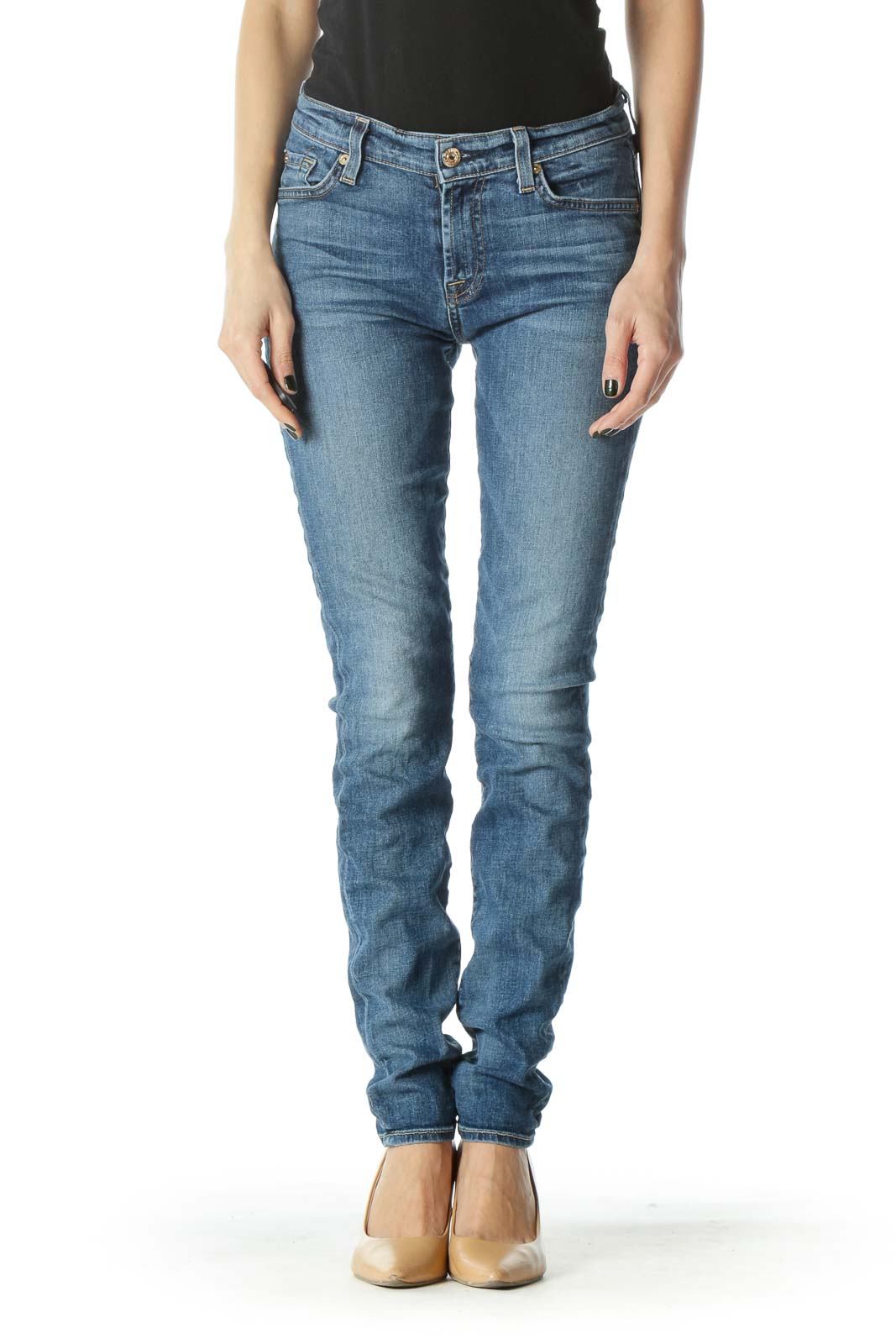 Blue Medium-Wash Straight Leg Denim Jeans Front