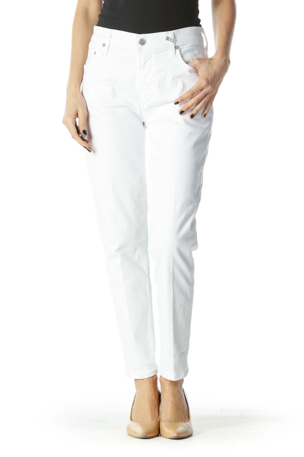 White Stretch Straight-Leg High-Waist Denim Jeans Front