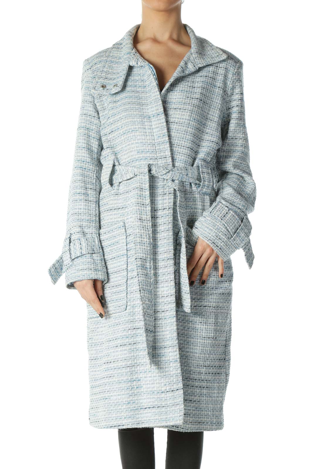 Blue White Textured Pocketed Long Belted Coat Front