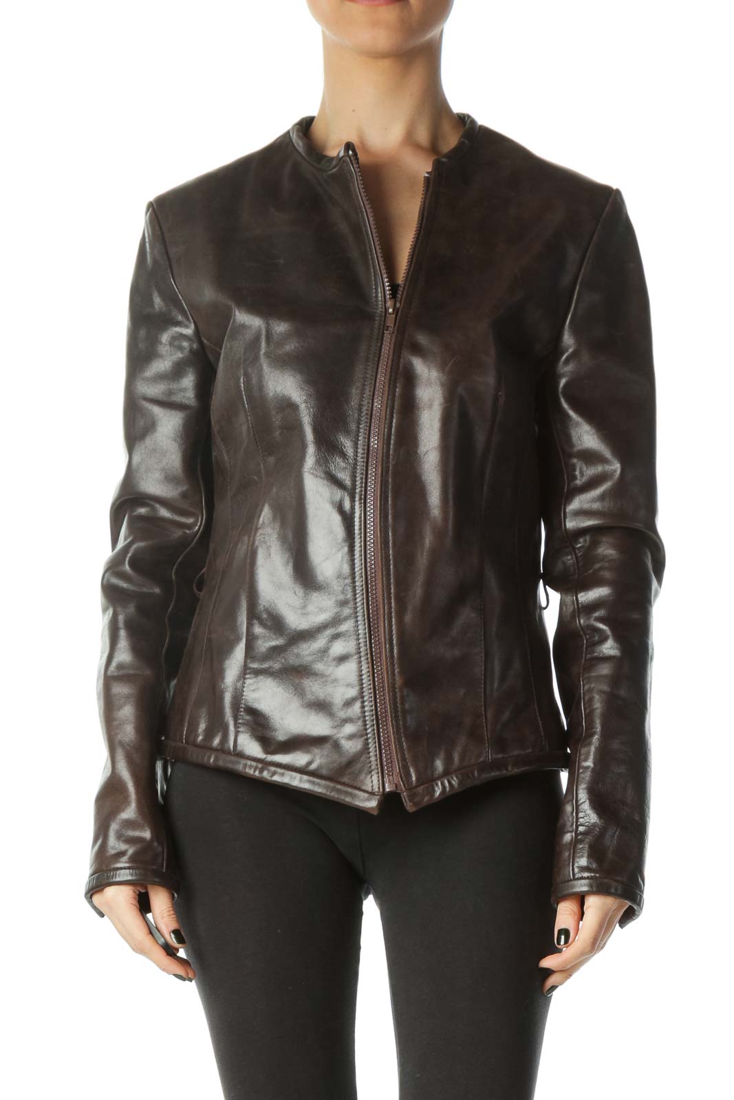 Brown Zippered Long Sleeve Heavy Leather Jacket Front