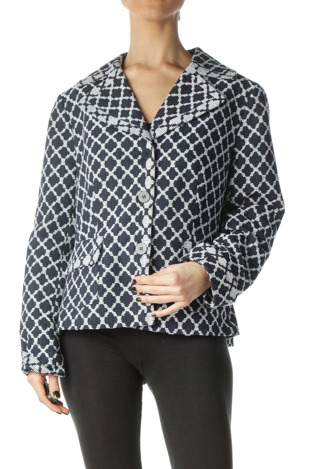 Blue White Textured Print Pocketed Blazer Front