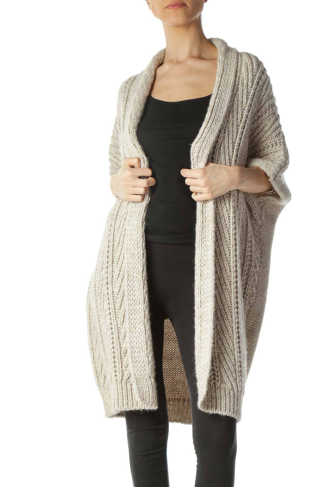 Beige Knit Wool Alpaca Bat-Sleeves Cardigan Front