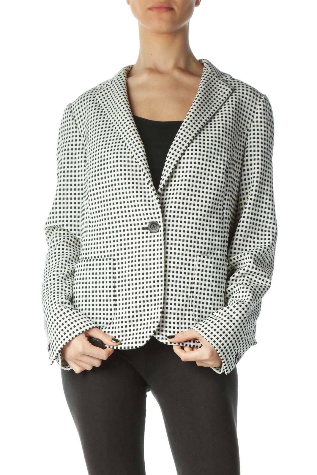 talbots-black-white-checkered-textured-pocketed-blazer-polyester