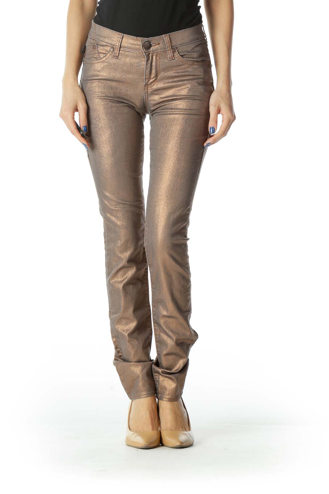 Gold Sparkle Skinny Jeans Front