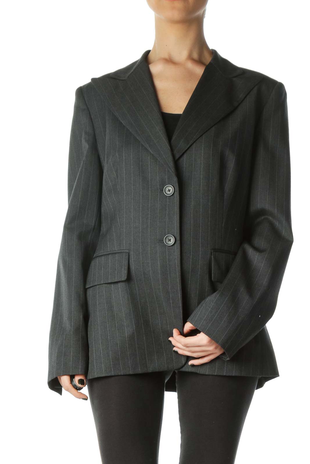 Gray Striped Buttoned Collared Blazer Front