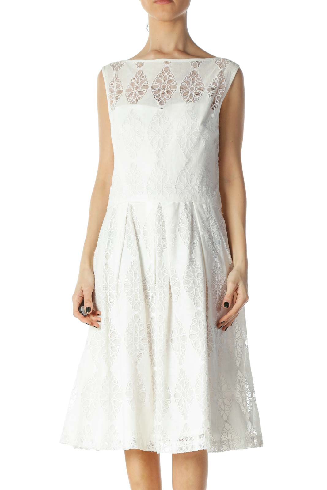 White Lace Natural Waist Day Dress Front